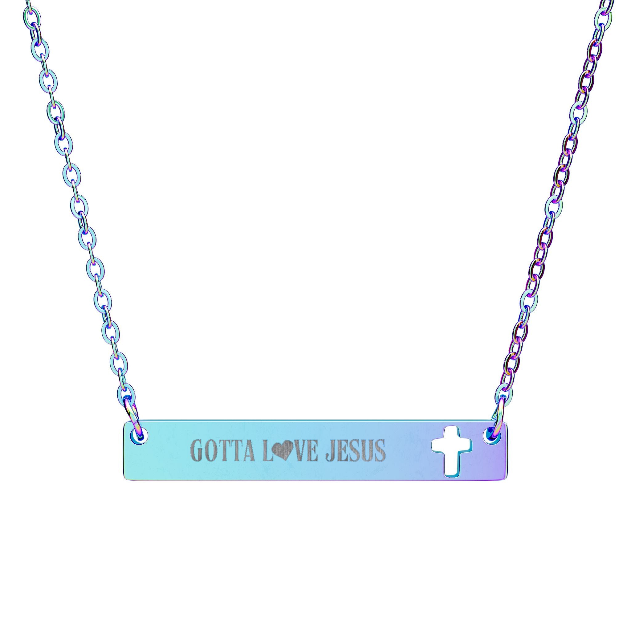"Gotta Love Jesus" Cutout Cross Bar Necklace (Engraving)